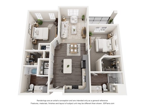 Floor plan for 2 beds, 2 baths, 1034 sqft